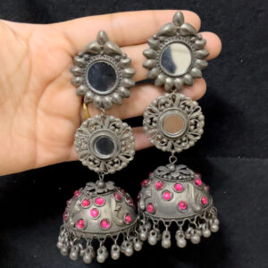 Silver Oxidised mirror Jhumka for w...