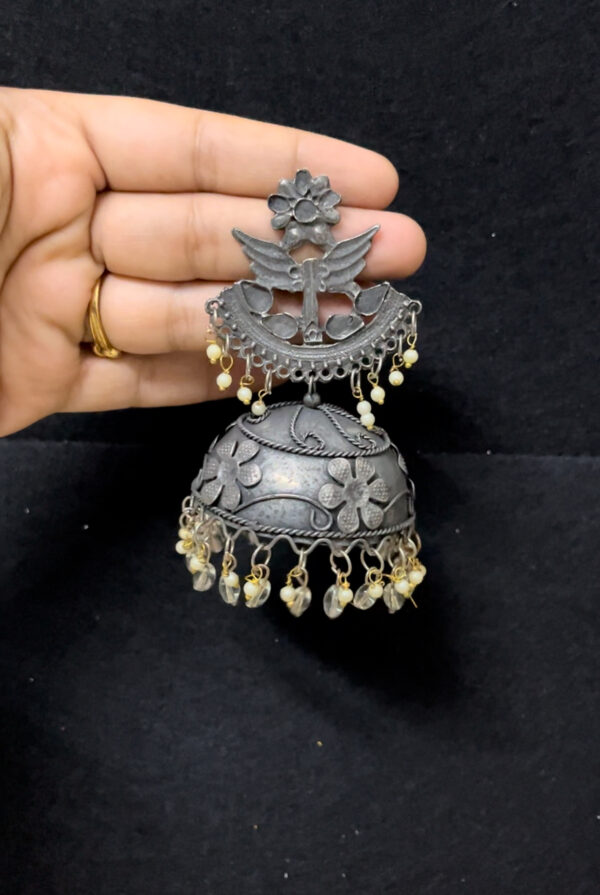 Oxidised Silver-Toned Rhodium-Plated Kundan Studded & Beaded Dome Shaped Jhumkas