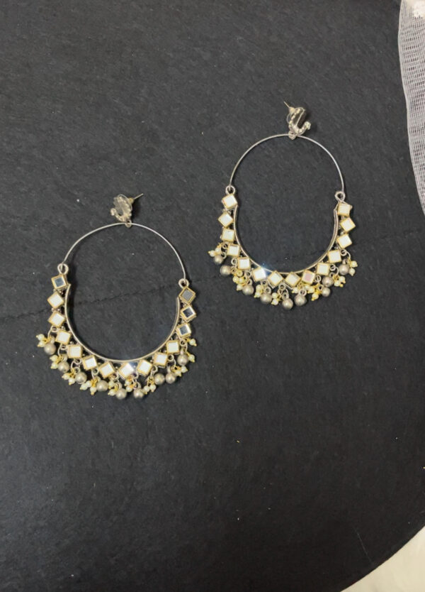 Oxidised Silver & Off White Beaded Contemporary chandbali Earrings