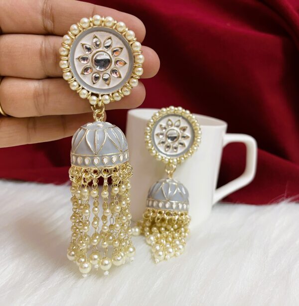 Gold Plated Sabysachi Style Heavy Jhumka in grey color