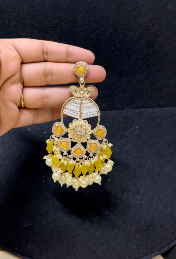Pearl style party wear heavy chandbali in yellow