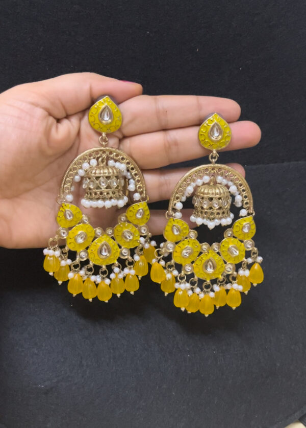 Party wear heavy weight chandbali in yellow - Image 2