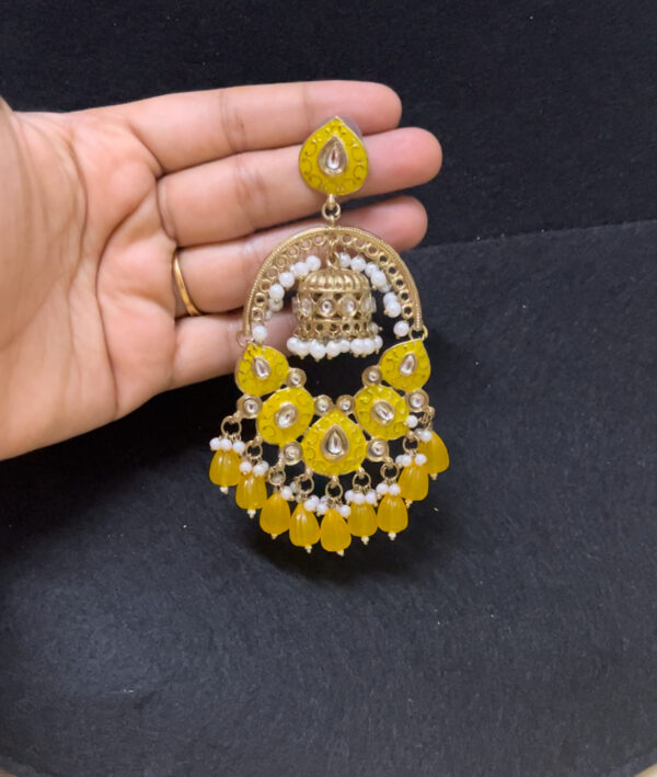 Party wear heavy weight chandbali in yellow - Image 3