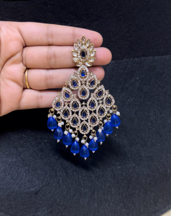 Party wear lightweight chandbali with stone in blue - Image 2