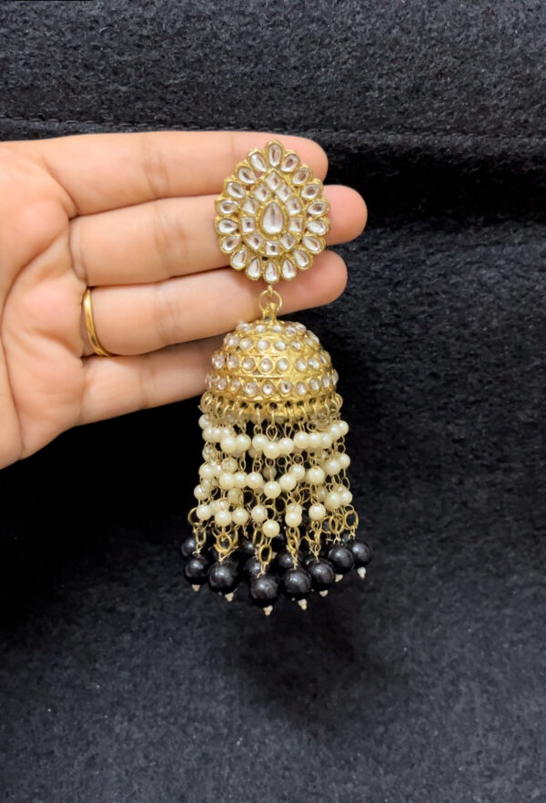 Traditional gold plated long heavy jhumka in black - Image 2