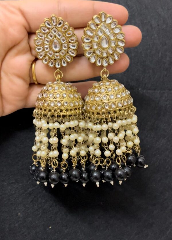 Traditional gold plated long heavy jhumka in black - Image 3
