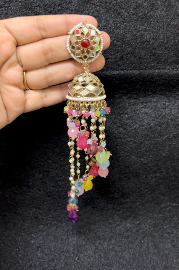Traditional gold plated long heavy jhumka  in multi