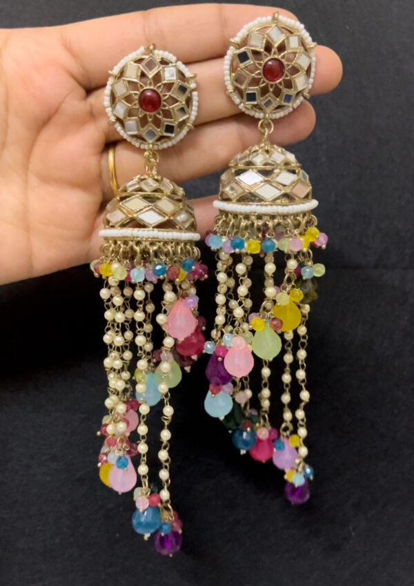 Traditional gold plated long heavy jhumka  in multi - Image 2