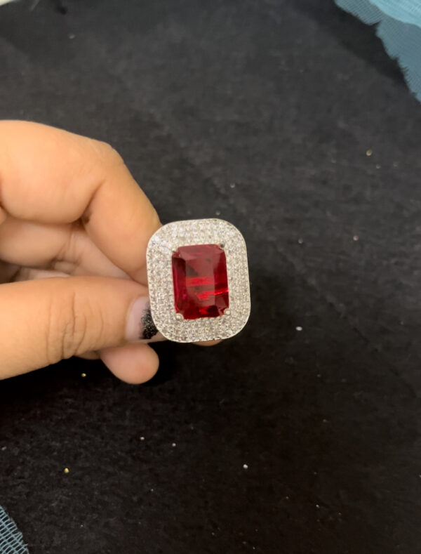 Silver plated square shape AD adjustable ring in red