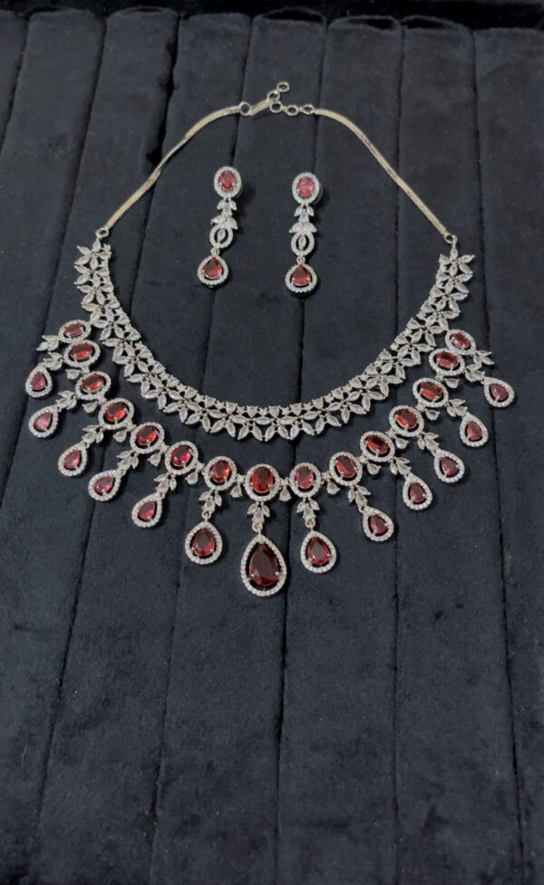 Premium quality three layer  AD necklace set in red - Image 3