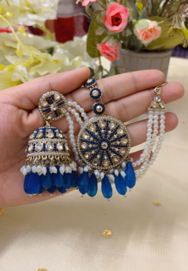 Premium quality heavy weight jhumka with maangtika  in blue - Image 2