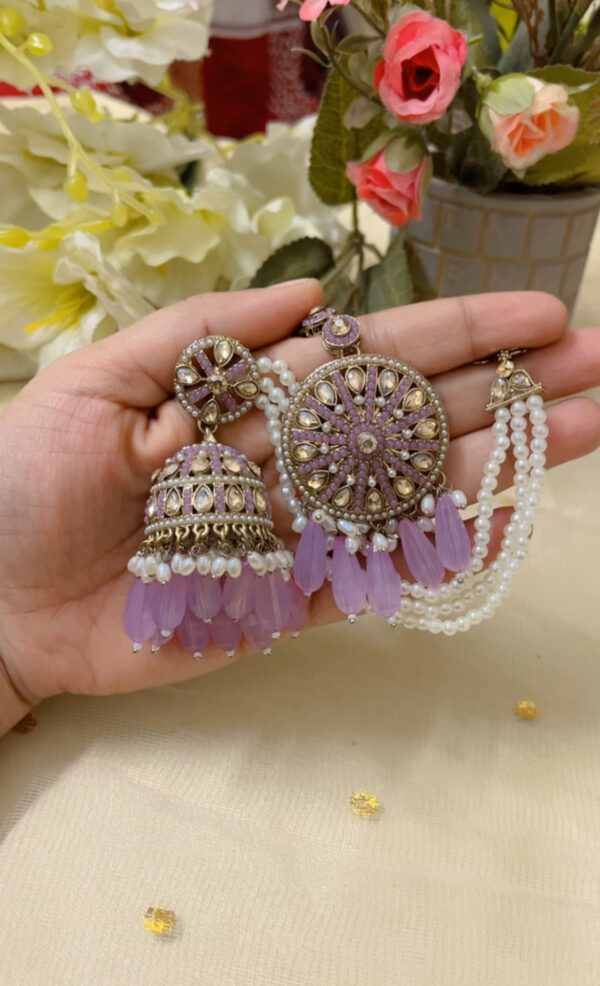 Premium quality heavy weight jhumka with maangtika in purple - Image 2