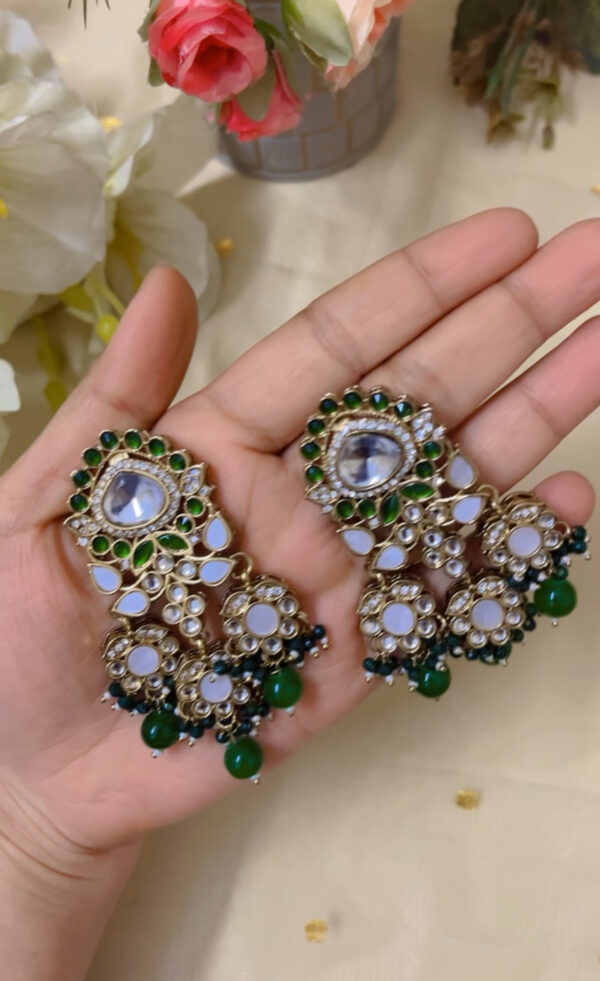 Premium quality light weight kundan earring in green - Image 2