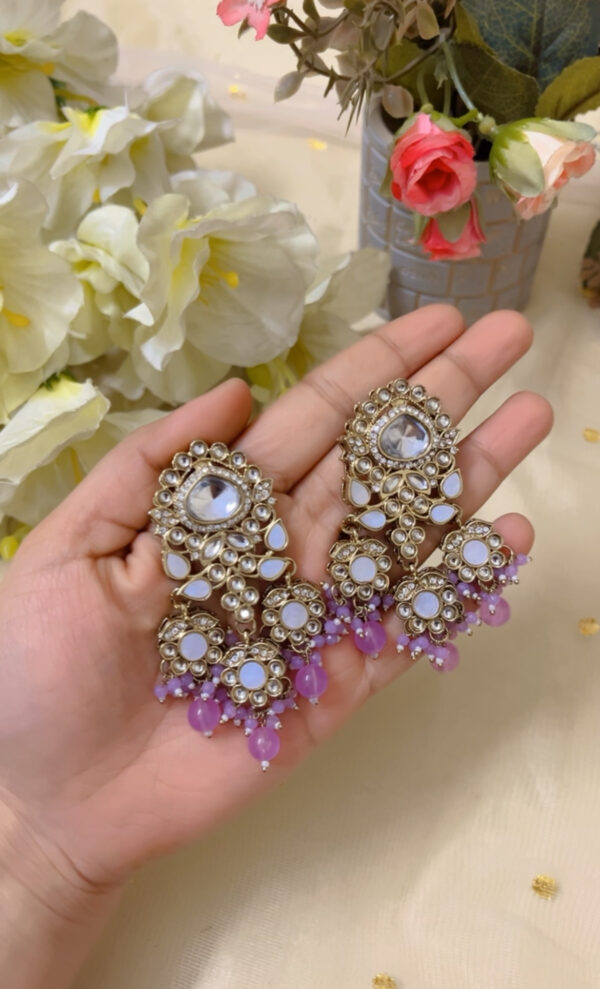 Premium quality light weight kundan earring in lavender - Image 2
