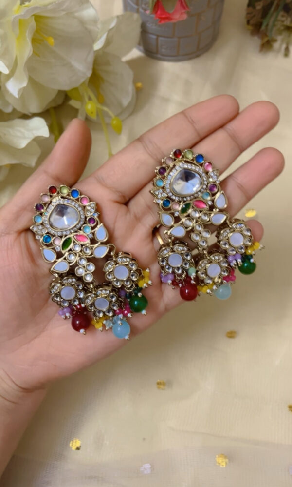 Premium quality light weight kundan earring in multi - Image 2