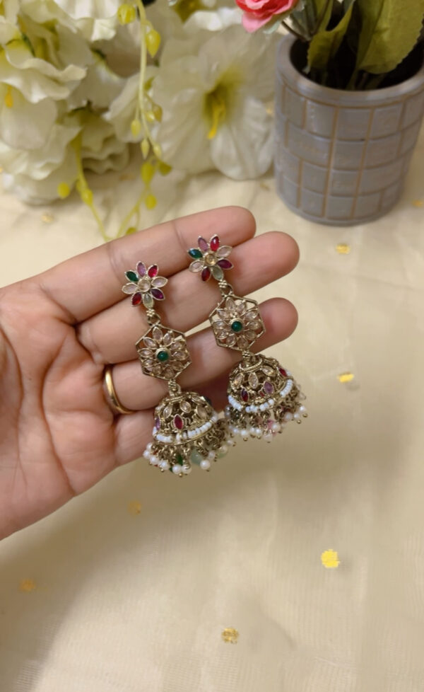 Premium quality light weight kundan jhumka earring in multi - Image 2