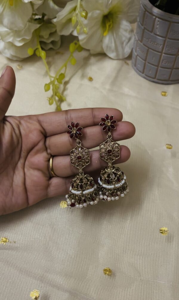 Premium quality light weight kundan jhumka earring in red - Image 2