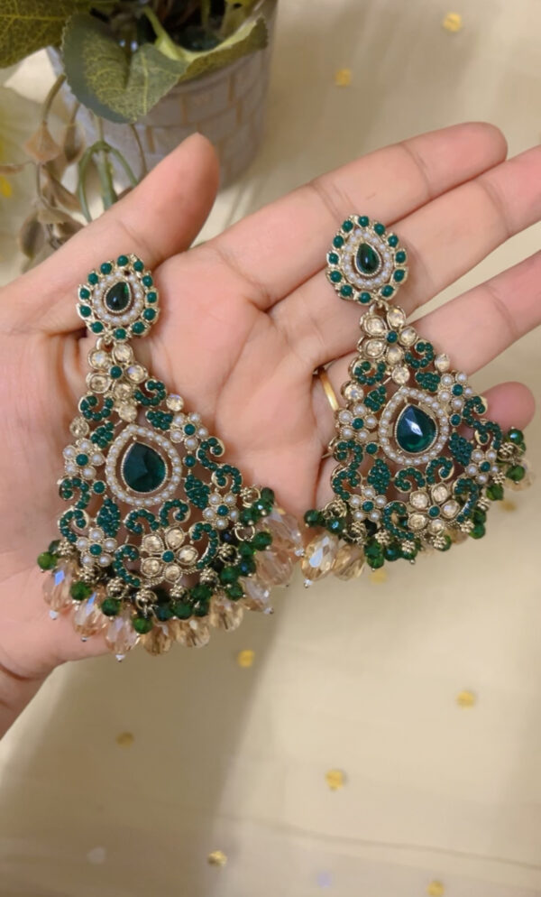 Premium quality light weight kundan earring in green - Image 2