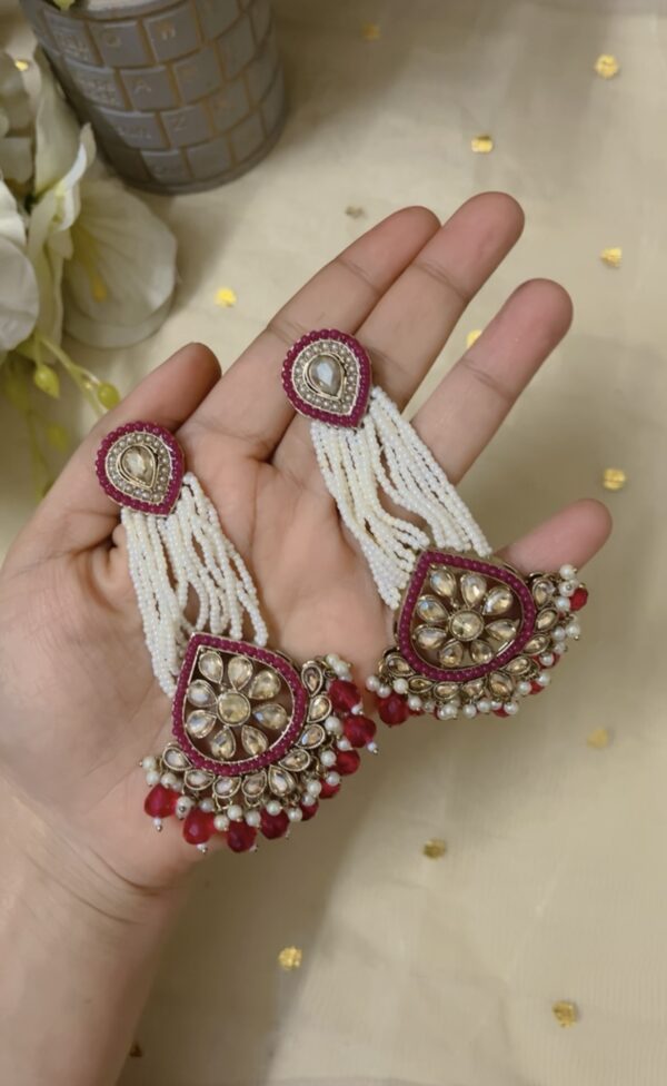 Premium quality light weight kundan earring in red - Image 2