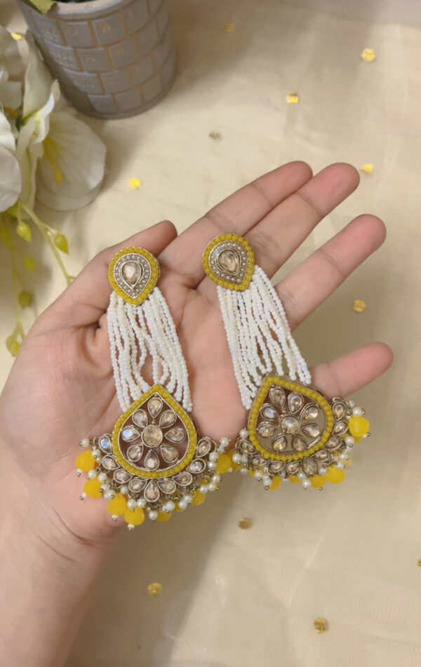 Premium quality light weight kundan earring in yellow - Image 2