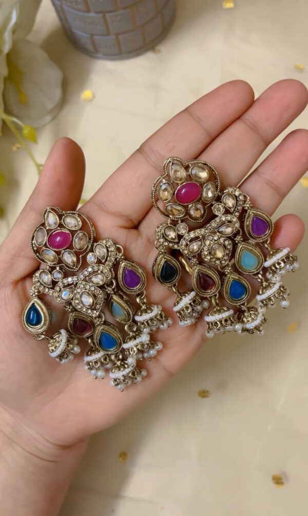 Premium quality light weight kundan earring in multi - Image 2