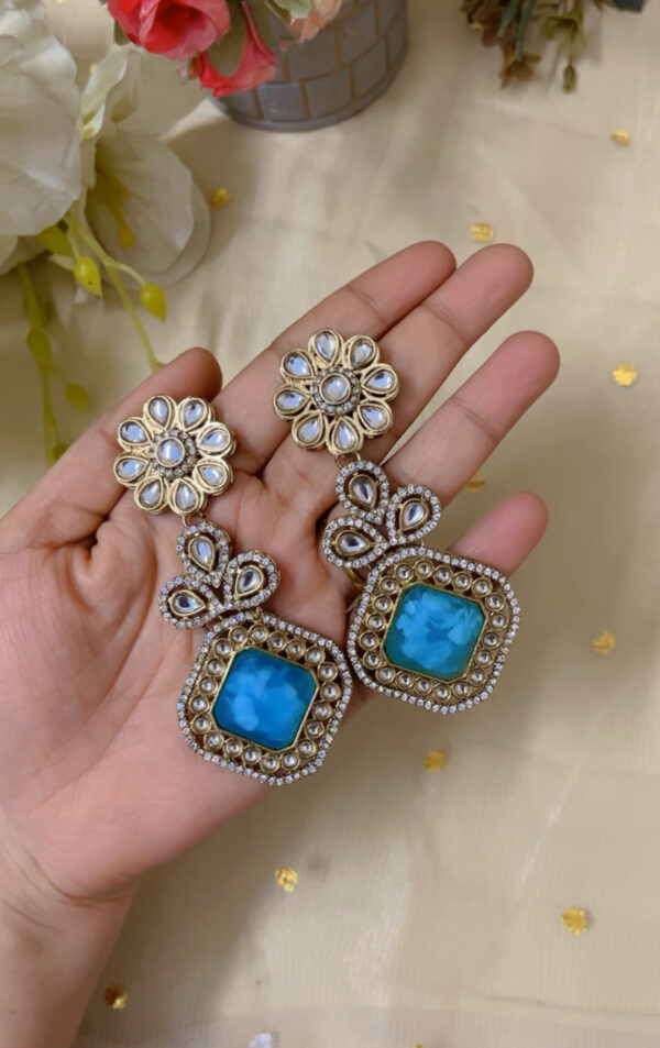 Premium quality light weight kundan earring in lightblue - Image 2