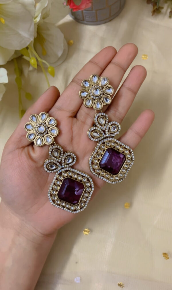 Premium quality light weight kundan earring in wine - Image 2