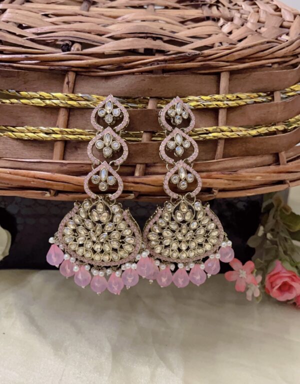 Premium quality long kundan earring in pink