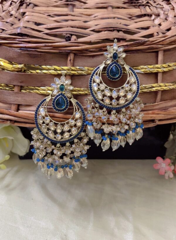 Premium quality long kundan earring in blue