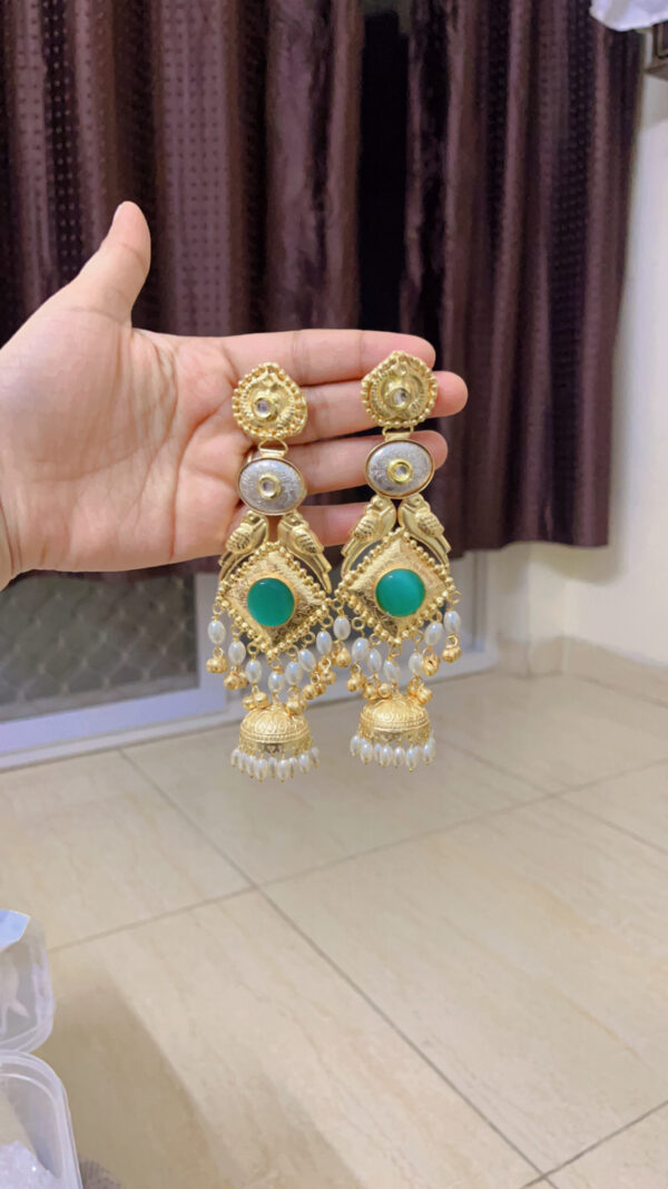 Premium quality Brass heavy weight long jhumka in green