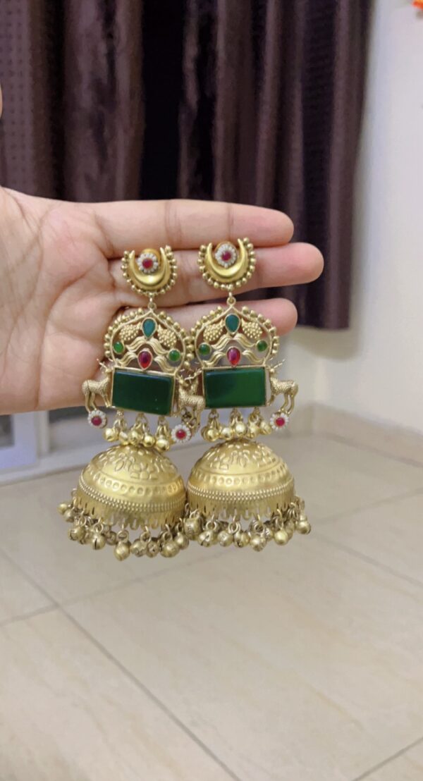 Premium quality Brass long jhumka earring in blue green